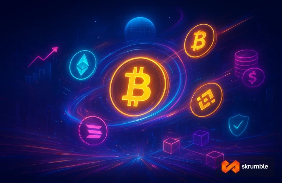Bitcoin and major cryptocurrency icons orbiting a rising chart, visualizing crypto earning methods