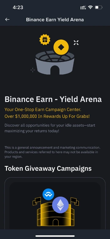 Binance Earn Yield Arena landing page showing rotating campaign listings