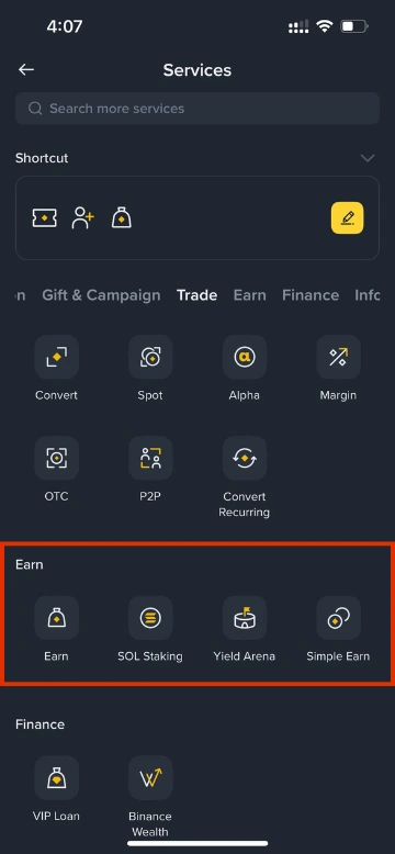 Binance Earn section in the More dropdown menu showing the Simple Earn entry point
