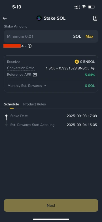 Binance SOL Staking amount selection and summary screen showing the BNSOL conversion ratio
