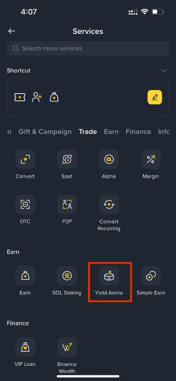 Yield Arena button in the Binance Earn section menu