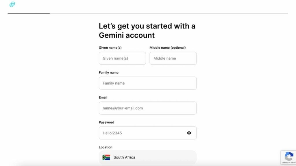 Gemini Sign Up Page
